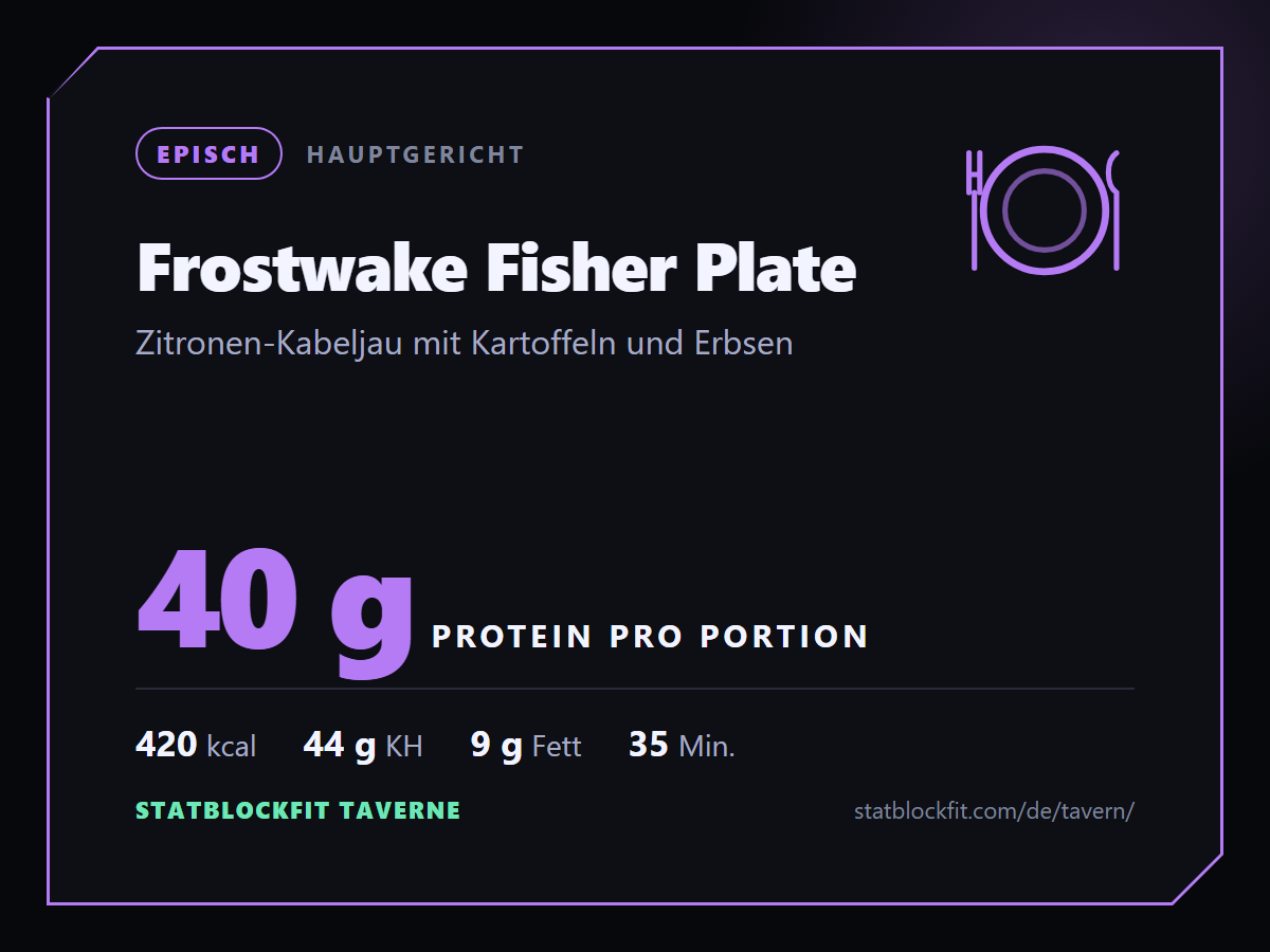 Frostwake Fisher Plate: Zitronen-Kabeljau mit Kartoffeln und Erbsen, 40 g Protein pro Portion