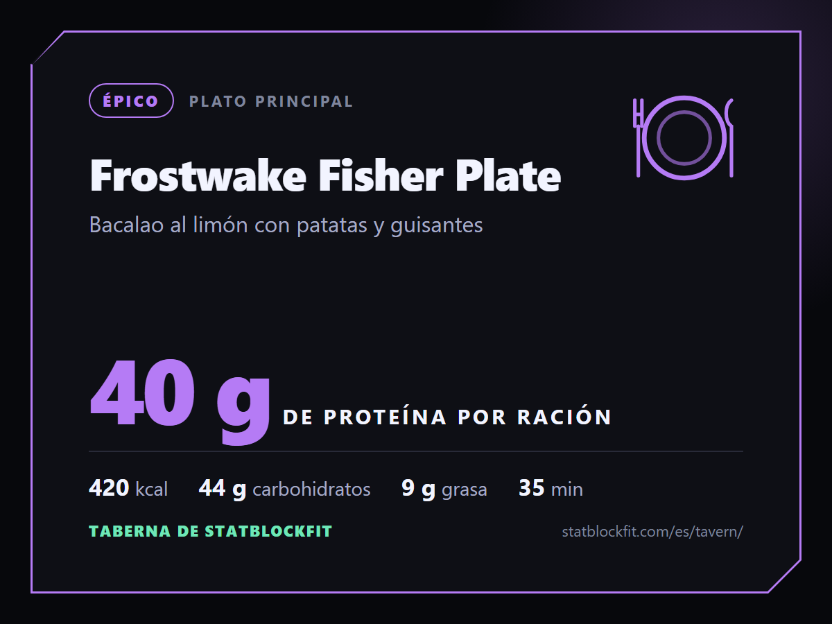 Frostwake Fisher Plate: Bacalao al limón con patatas y guisantes, 40 g de proteína por ración