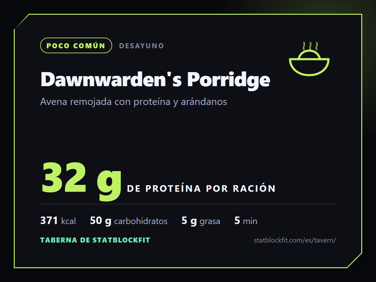 Dawnwarden's Porridge: Avena remojada con proteína y arándanos, 32 g de proteína por ración