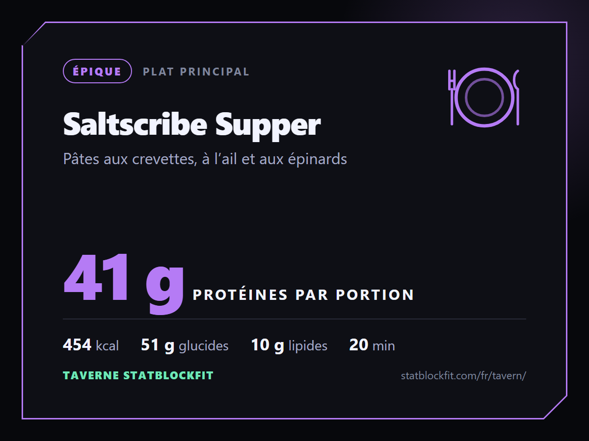 Saltscribe Supper : Pâtes aux crevettes, à l’ail et aux épinards, 41 g de protéines par portion