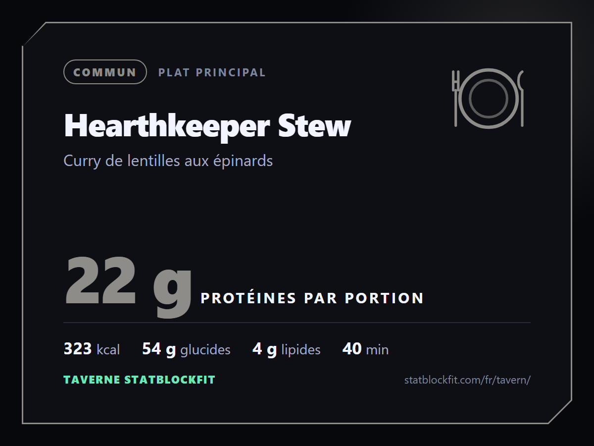 Hearthkeeper Stew : Curry de lentilles aux épinards, 22 g de protéines par portion