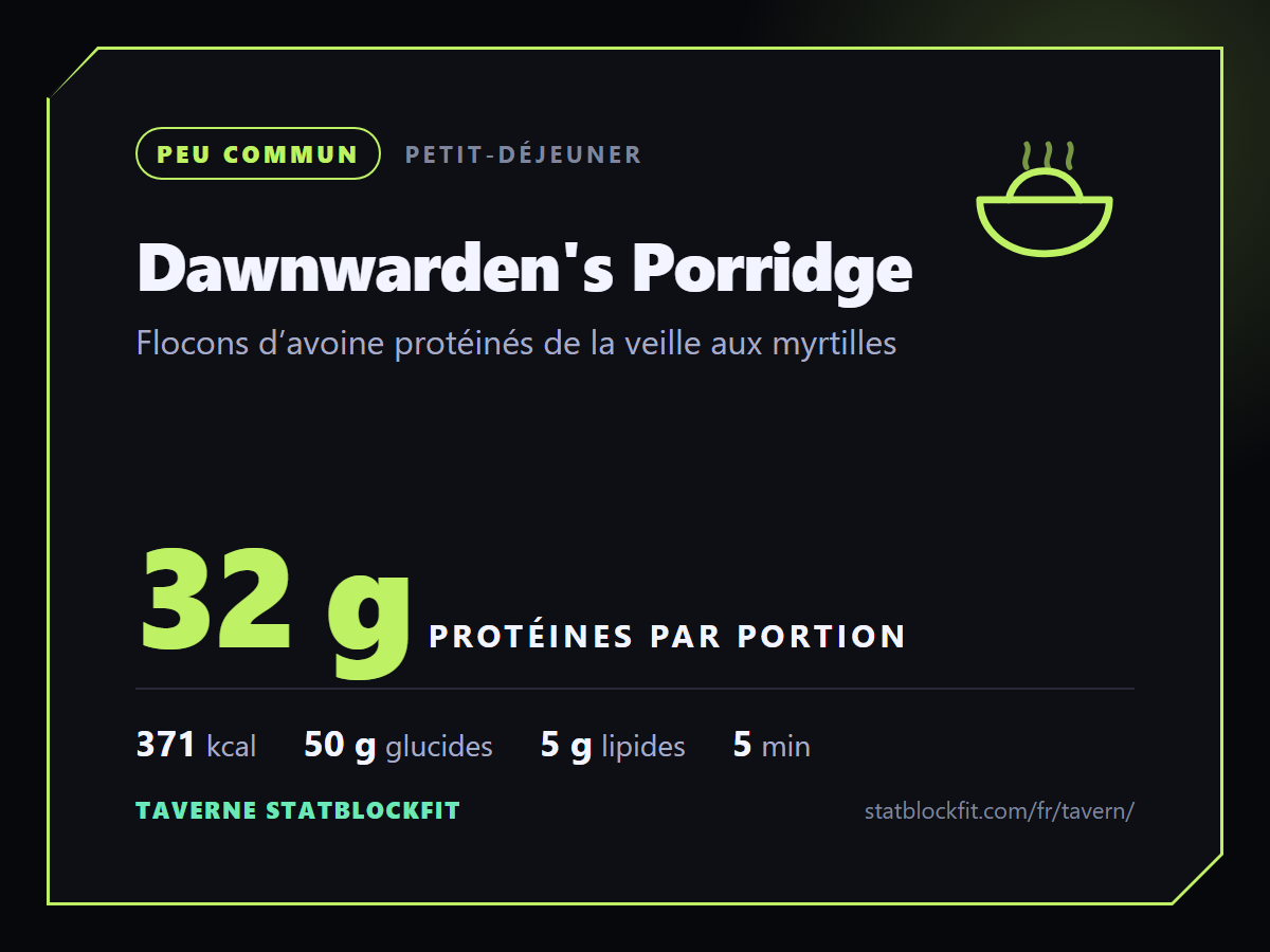 Dawnwarden's Porridge : Flocons d’avoine protéinés de la veille aux myrtilles, 32 g de protéines par portion