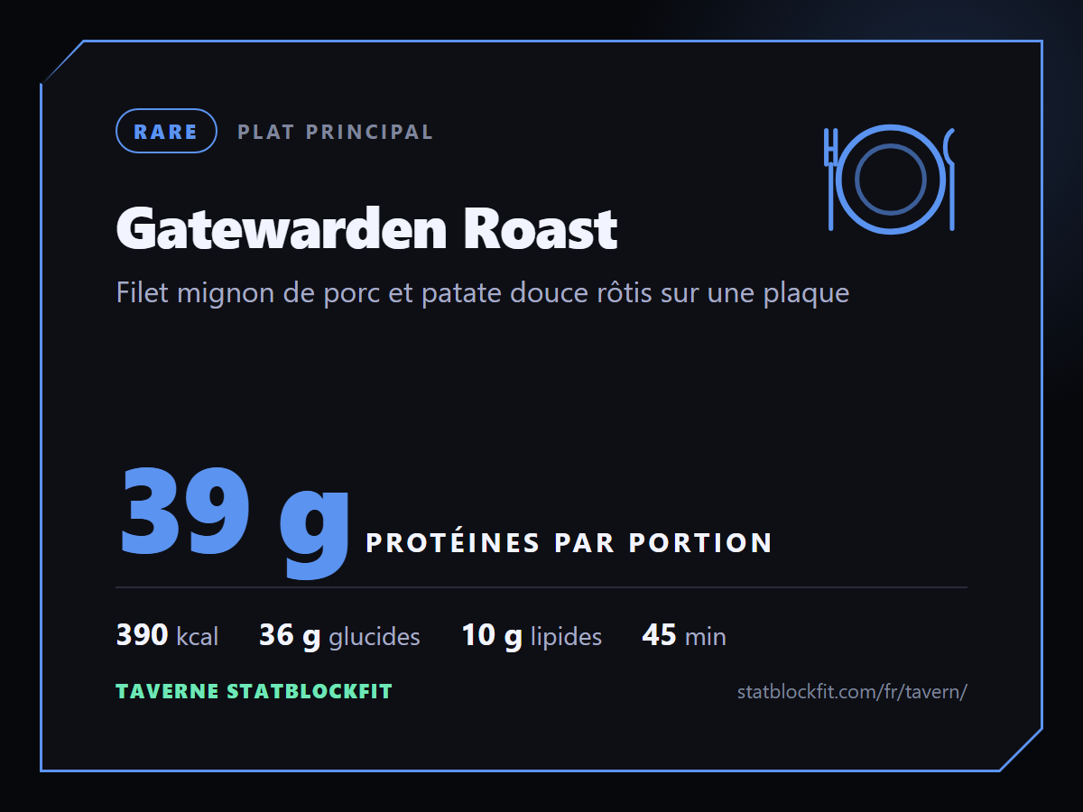 Gatewarden Roast : Filet mignon de porc et patate douce rôtis sur une plaque, 39 g de protéines par portion
