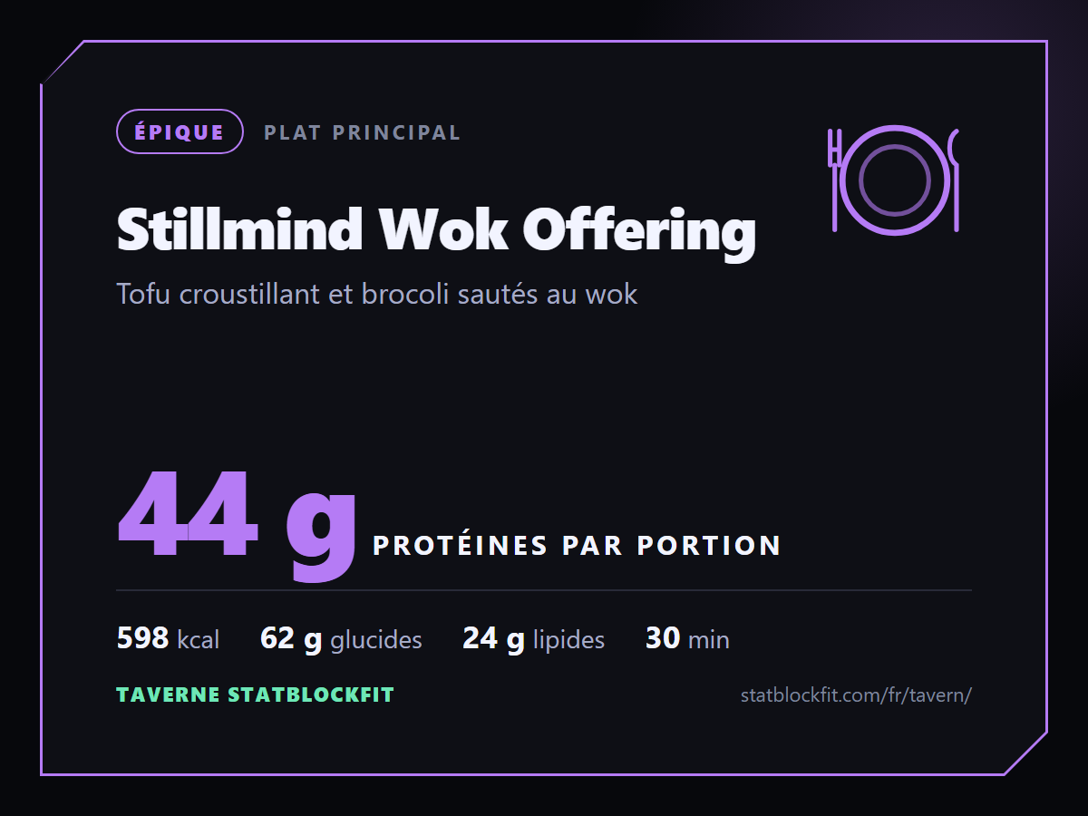 Stillmind Wok Offering : Tofu croustillant et brocoli sautés au wok, 44 g de protéines par portion