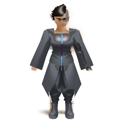 The paper-doll hero as the app composites it: a coat with a lit trim, shades, a temple implant and a lit forearm