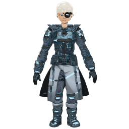 Ein gemalter Avatar: das Outfit „Mantel“ auf der Statur „Schlank“, mit der Frisur „Kurzhaarschnitt“ und der Augenart „Fadenkreuz“