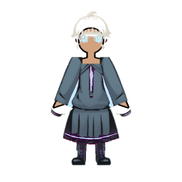A painted avatar with a pale blue lens across the eyes and a frost-grey coat.