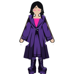 A painted avatar in a long violet coat, the Nullrun Duster.