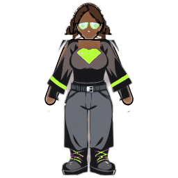 A painted avatar in black and grey techwear with a lit green chest panel, the Kestrel Exoframe.