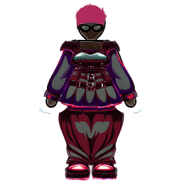 A painted avatar with a raised pink crest of hair, dark shades and crimson clothes.