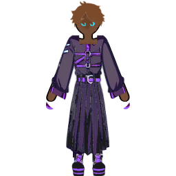 A painted avatar with short brown hair in a fade and a violet harness.