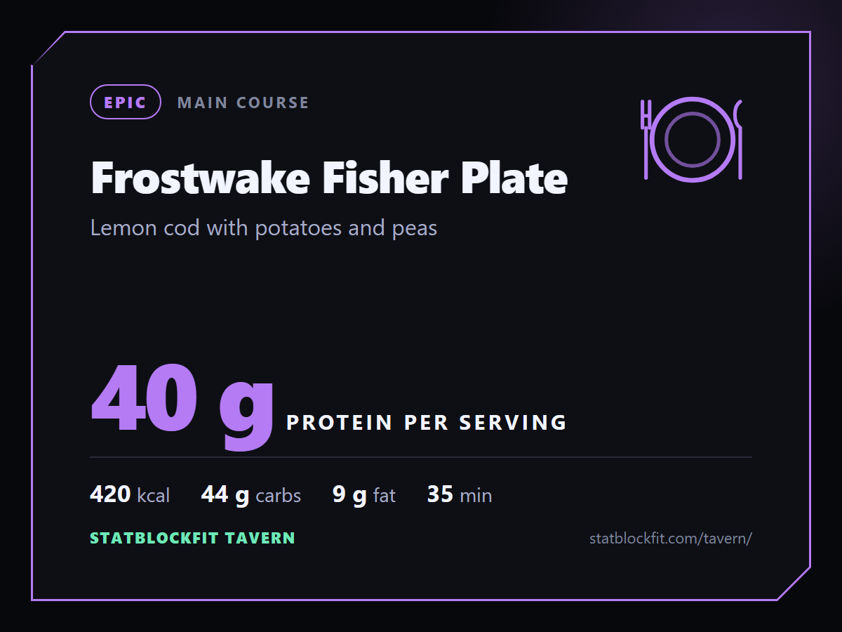 Frostwake Fisher Plate: Lemon cod with potatoes and peas, 40 g protein per serving